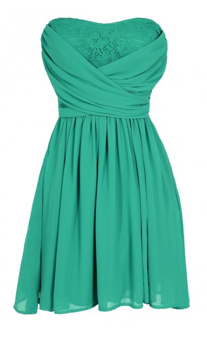 Peekaboo Lace Strapless Chiffon Dress in Jade 